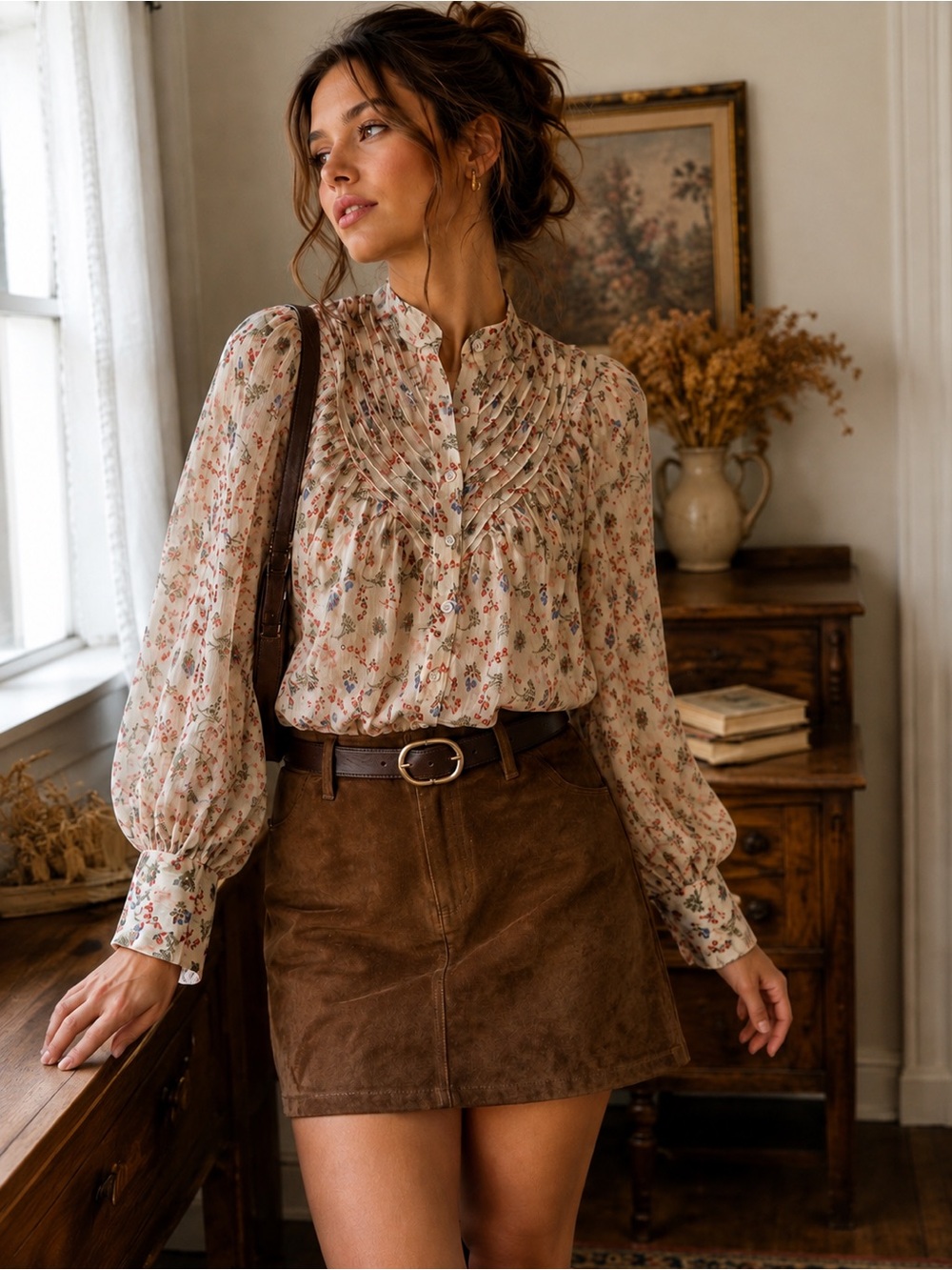 Karlie Floral Sheer Pintuck Puff Sleeve Cottagecore Prairie Blouse Small
